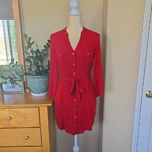 Guess Red V-Neck Tie-Waist Shirt Dress